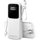 Portable Charger, 15000mAh Battery Pack Fast Charging Lightweight, Built-in AC Wall Plug and 2 Output Cables with LED Display for iPhone15 14 13 12 11 Samsung iPad etc(White)