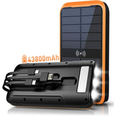 Solar Portable Charger, 43800mAh Qc3.0 Quick Charger, Qi 10W Wireless Charging, Built-in 2 Output Cables and Strong Flashlight