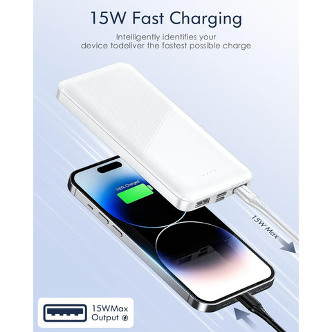 Portable Charger - 15000mAh Dual USB Power Bank Output 5V3.1A Fast Charging Portable Charger, Compatible with Smartphones and All USB Devices (White)