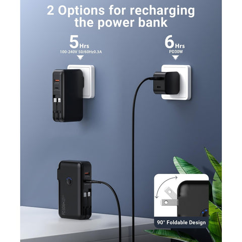 Portable Charger,  16000mAh Power Bank Built-in AC Wall Plug and Cables, PD 30W and QC4.0 Fast Charger for iPhone and Android Phones and Most Electronic Devices