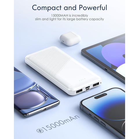 Portable Charger - 15000mAh Dual USB Power Bank Output 5V3.1A Fast Charging Portable Charger, Compatible with Smartphones and All USB Devices (White)