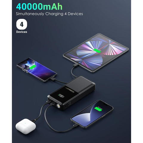 Portable-Phone-Charger - 40000mAh Power Bank PD30W Fast Charger Built-in 2 Detachable Output Cables, Flashlight and LED Display for iPhone and Android iPhone and Most Electronic Devices