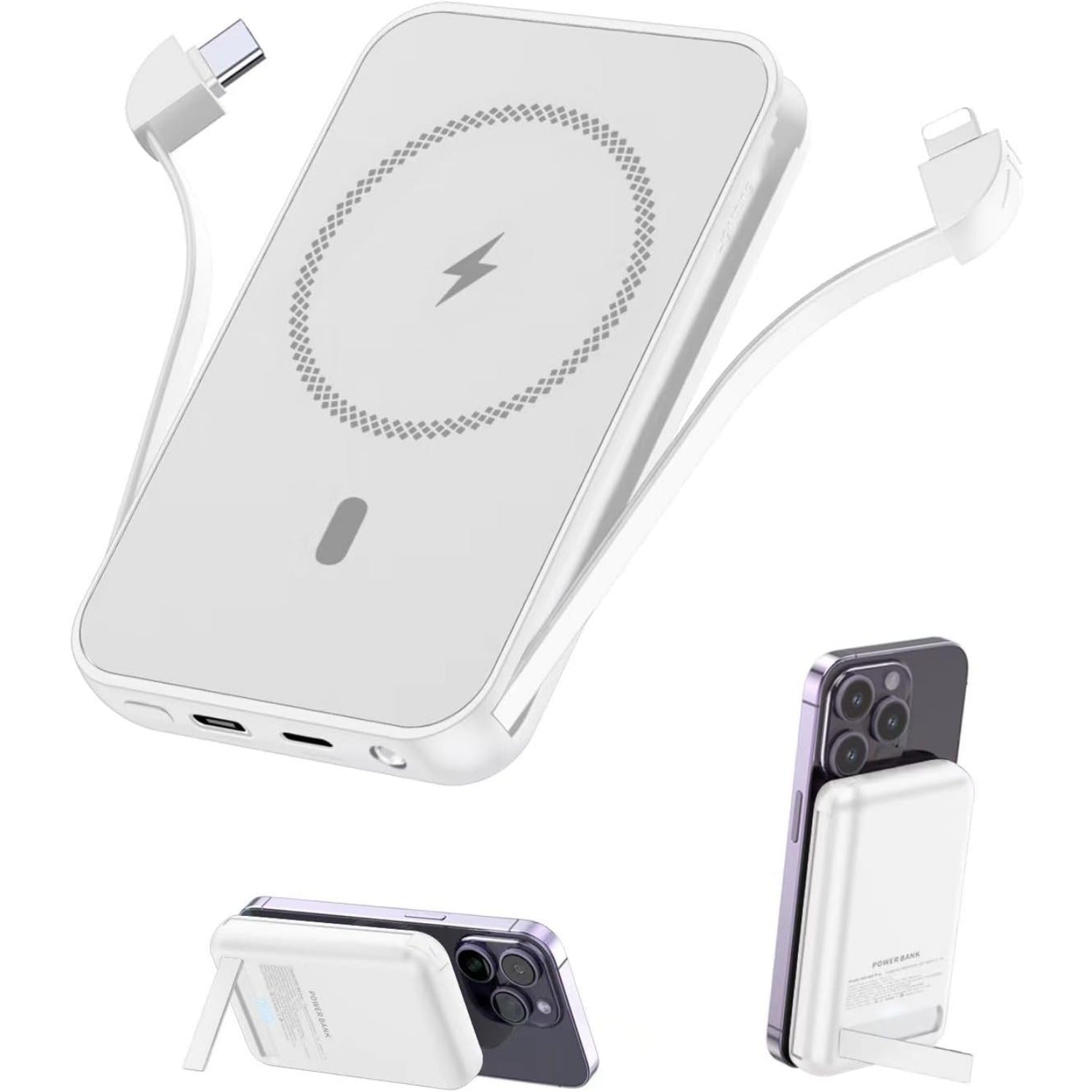 for Magnetic Power Bank, 6800mAh Wireless Portable Charger with PD30W Fast Charging, Battery Pack Built-in 2 Output Cables for iPhone 15/14/13/12 Series(Black)