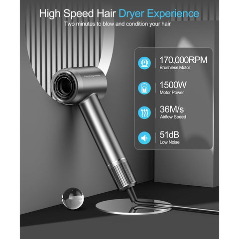 Negative Ionic Blow Dryer -170000 RPM High Speed Brushless Motor for Fast Drying, Low Noise, HD Display Hair Dryer with Diffuser and Nozzle, 5 Temps & 2 Speeds