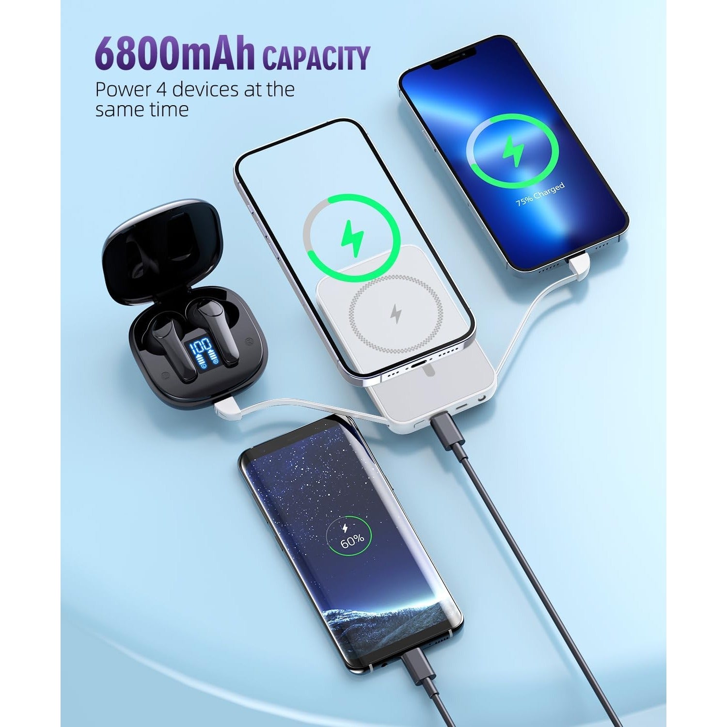 Magnetic Power Bank, 6800mAh Wireless Portable Charger with PD30W Fast Charging, Battery Pack Built-in 2 Output (White)