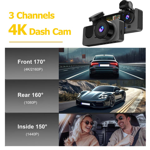4K Full UHD 3-Channel Car Dash Cam - Front & Rear Cameras with 32GB Card, 2.0'' IPS Screen, Super Night Vision, WDR & Parking Monitoring