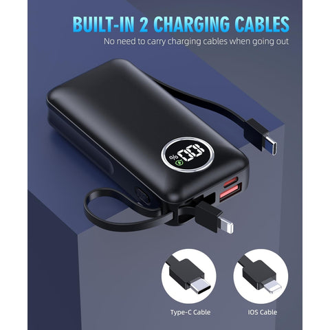 Portable Charger 15000mAh Battery Pack Built in Output Cables Fast Charging Equipped with LED Display for Most Electronic Devices