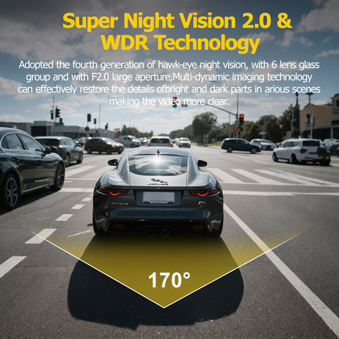 4K Full UHD 3-Channel Car Dash Cam - Front & Rear Cameras with 32GB Card, 2.0'' IPS Screen, Super Night Vision, WDR & Parking Monitoring