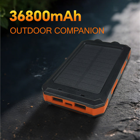 36800mAh Solar Battery Pack - Dual 5V USB Outputs, LED Flashlights & Compass, Portable Charger for Phones Camping (Orange)