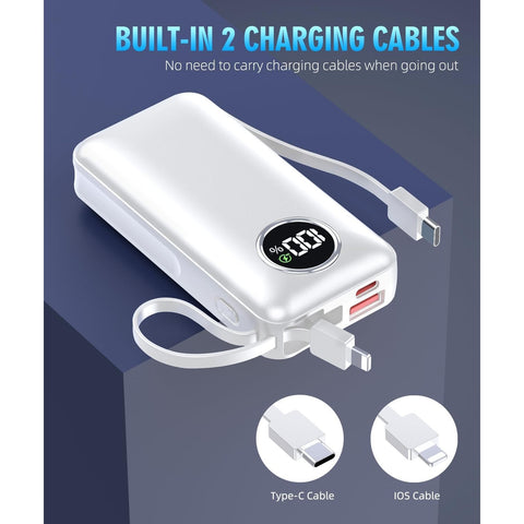 Portable Charger 15000mAh Battery Pack Built in Output Cables Fast Charging Equipped with LED Display for Most Electronic Devices