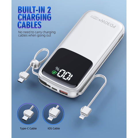 Portable Charger, 15000mAh Battery Pack Fast Charging Lightweight, Built-in AC Wall Plug and 2 Output Cables with LED Display for iPhone15 14 13 12 11 Samsung iPad etc(White)