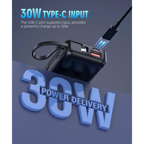 Portable Charger 15000mAh Battery Pack Built in Output Cables Fast Charging Equipped with LED Display for Most Electronic Devices