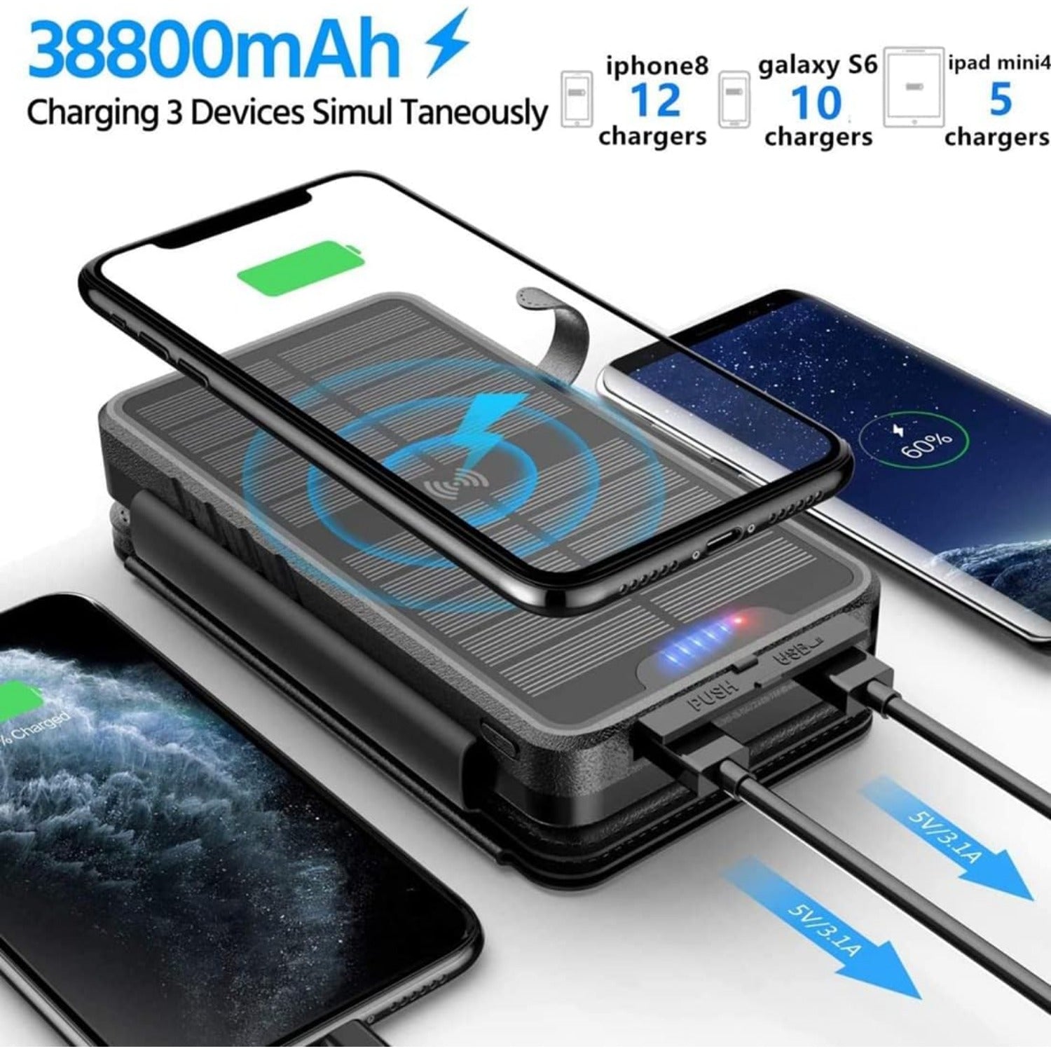 QiSa Solar Charger 38800mAh Solar Power Bank with Dual 5V3.1A Outputs 10W Qi Wireless Charger Waterproof Built-in Solar Panel and Bright Flashlights(Black)