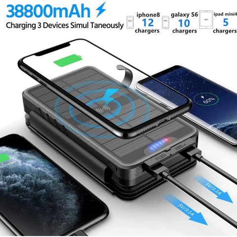 QiSa Solar Charger 38800mAh Solar Power Bank with Dual 5V3.1A Outputs 10W Qi Wireless Charger Waterproof Built-in Solar Panel and Bright Flashlights(Black)