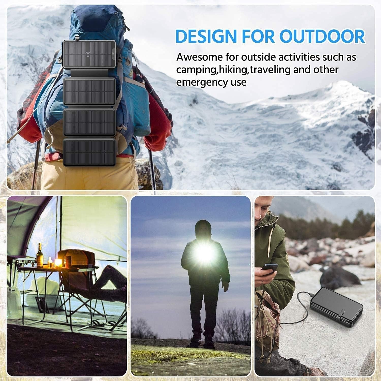 QiSa Solar Charger 38800mAh Solar Power Bank with Dual 5V3.1A Outputs 10W Qi Wireless Charger Waterproof Built-in Solar Panel and Bright Flashlights(Black)