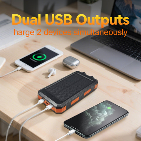 36800mAh Solar Battery Pack - Dual 5V USB Outputs, LED Flashlights & Compass, Portable Charger for Phones Camping (Orange)