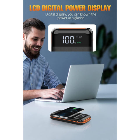 Portable 40,000mAh Mobile Power Charger with Flashlight, 5V3.1A Rapid Charger, Built-in Output/Input Cable, 10W Wireless Charger for Smart Devices and Cell Phones (Orange)