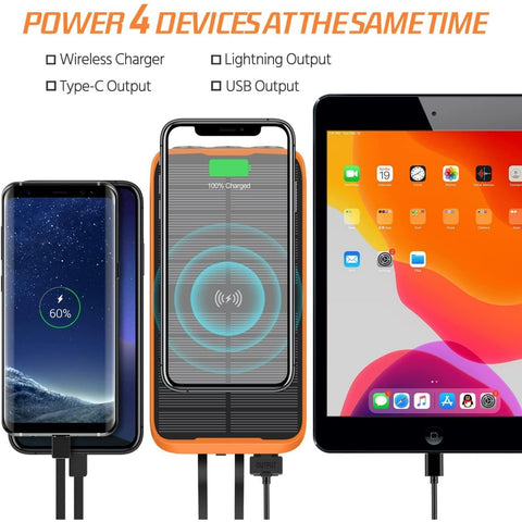 Solar Portable Charger, 43800mAh Qc3.0 Quick Charger, Qi 10W Wireless Charging, Built-in 2 Output Cables and Strong Flashlight