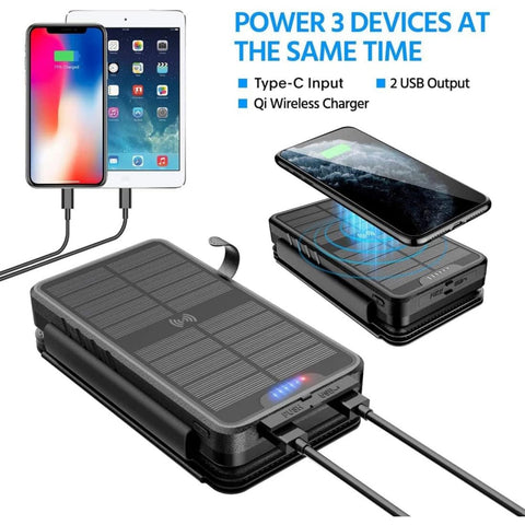 QiSa Solar Charger 38800mAh Solar Power Bank with Dual 5V3.1A Outputs 10W Qi Wireless Charger Waterproof Built-in Solar Panel and Bright Flashlights(Black)