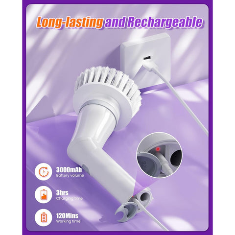 Electric Rotary, Cordless Shower Scrubber with 6 Brush Heads - 2H 2-Speed, Long Handle for Bathroom Tile and Car Cleaning