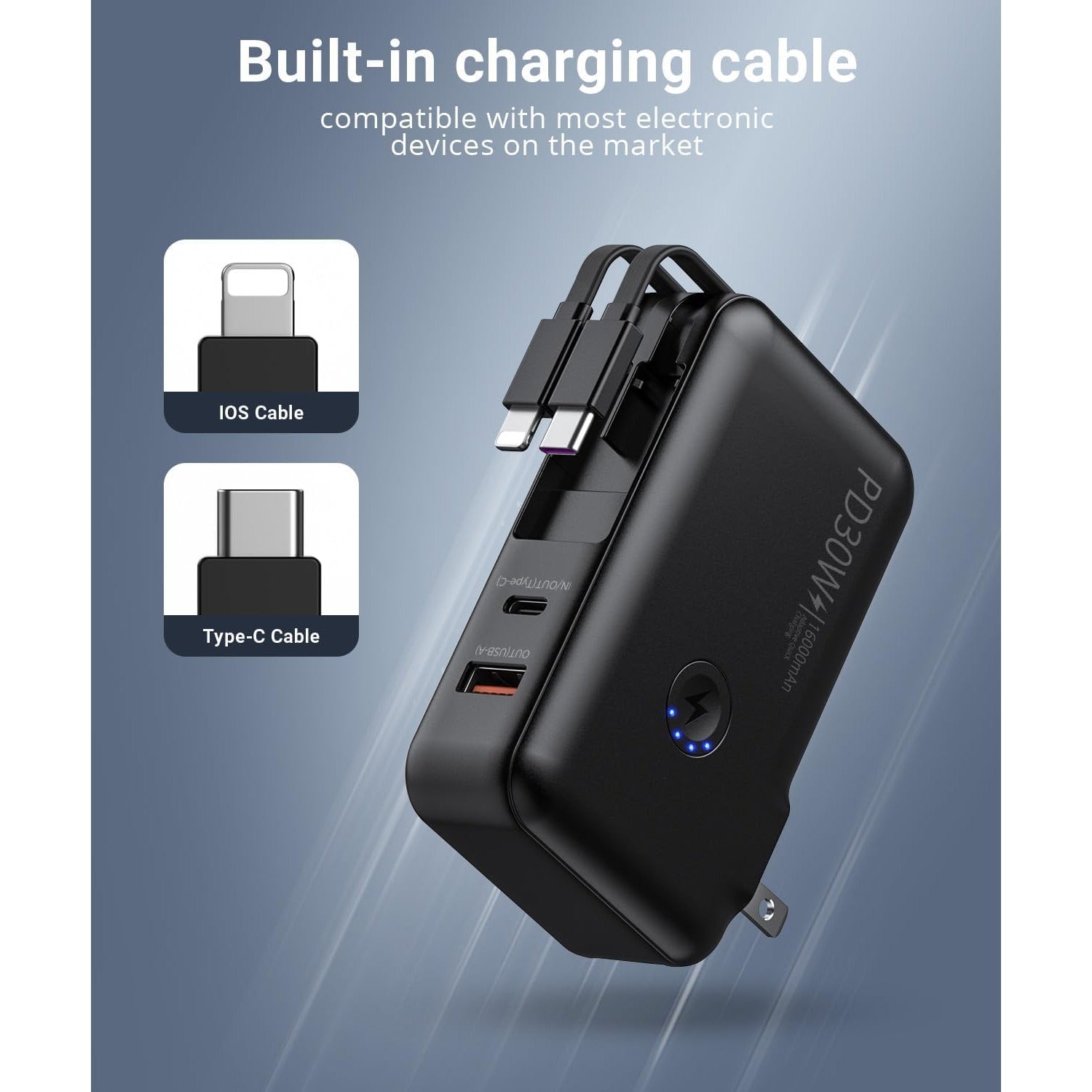 Portable Charger,  16000mAh Power Bank Built-in AC Wall Plug and Cables, PD 30W and QC4.0 Fast Charger for iPhone and Android Phones and Most Electronic Devices