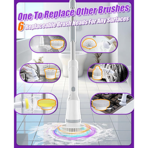 Electric Rotary, Cordless Shower Scrubber with 6 Brush Heads - 2H 2-Speed, Long Handle for Bathroom Tile and Car Cleaning