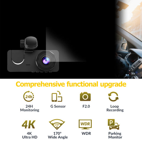 4K Full UHD 3-Channel Car Dash Cam - Front & Rear Cameras with 32GB Card, 2.0'' IPS Screen, Super Night Vision, WDR & Parking Monitoring