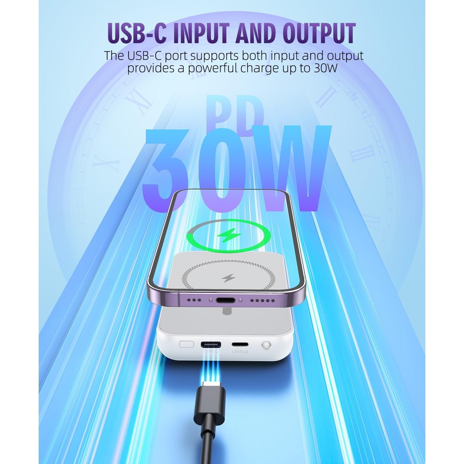 for Magnetic Power Bank, 6800mAh Wireless Portable Charger with PD30W Fast Charging, Battery Pack Built-in 2 Output Cables for iPhone 15/14/13/12 Series(Black)