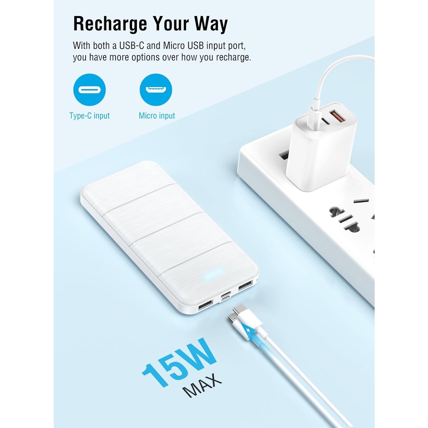 Portable Charger - Mobile Power - 15000mAh Dual USB, Output 5V3.1A Rapid Charger , Compatible with Smartphones and all USB Devices