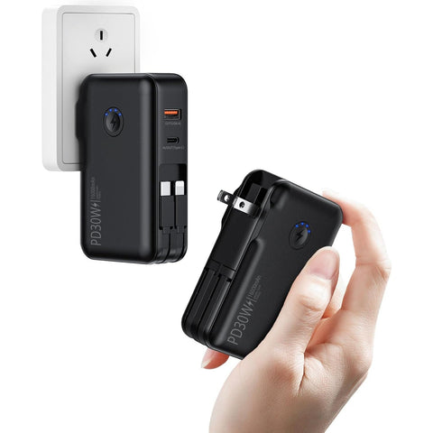 Portable Charger,  16000mAh Power Bank Built-in AC Wall Plug and Cables, PD 30W and QC4.0 Fast Charger for iPhone and Android Phones and Most Electronic Devices