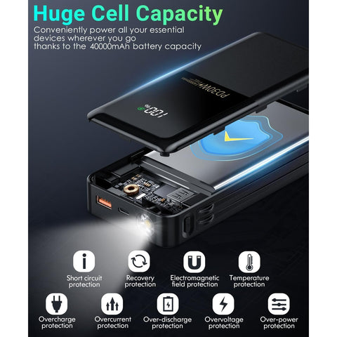 Portable-Phone-Charger - 40000mAh Power Bank PD30W Fast Charger Built-in 2 Detachable Output Cables, Flashlight and LED Display for iPhone and Android iPhone and Most Electronic Devices