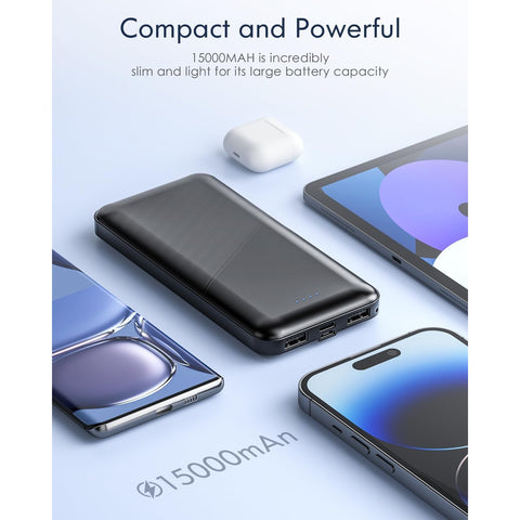 Portable-Charger - 15000mAh Dual USB Power Bank Output 5V3.1A Fast Charging Portable Charger Compatible with Smartphones and All USB Devices (Black)