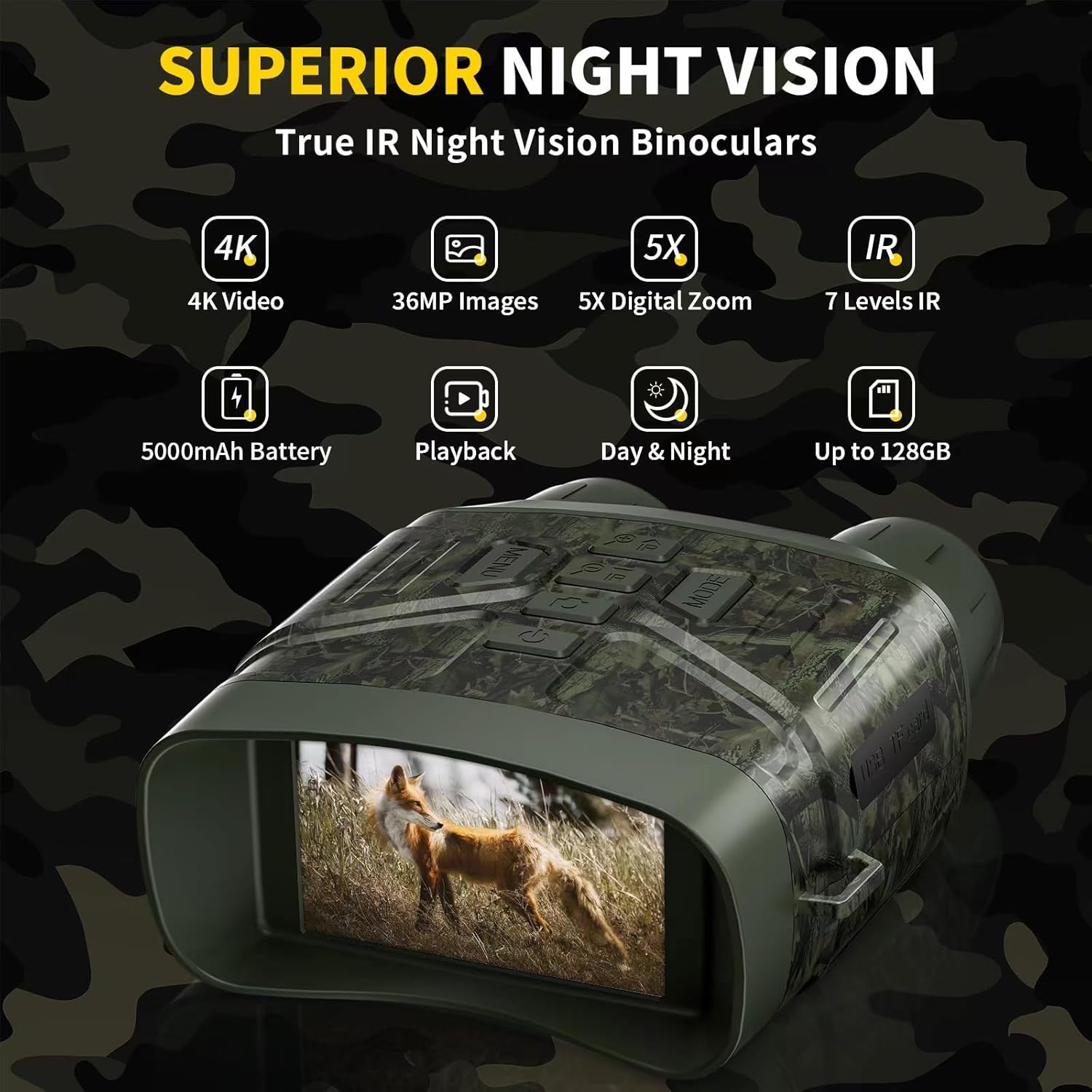 4K Night Vision Binoculars with 5000mAh Rechargeable Battery, 32GB TF, 3'' HD Screen for Camping and Security, Black