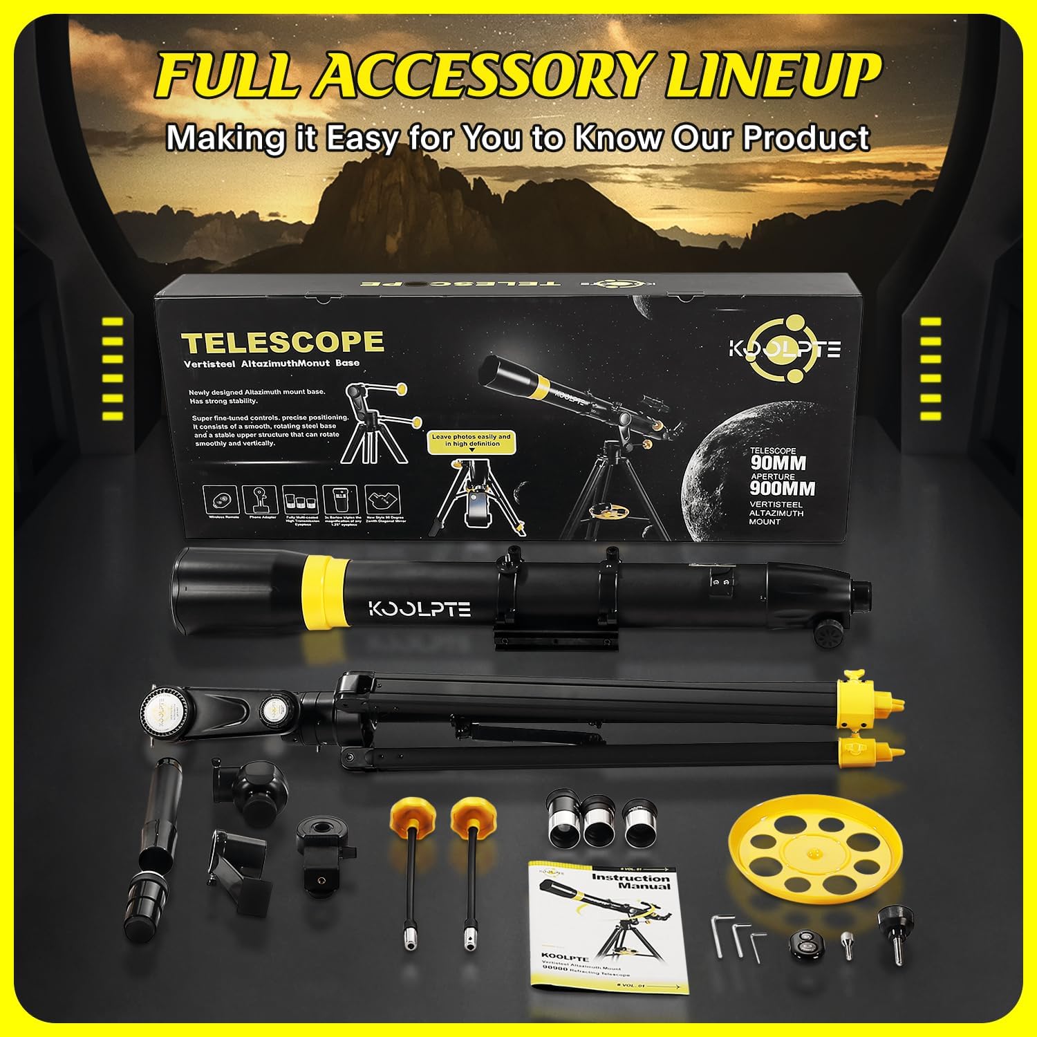 Telescope 90mm Aperture 900mm - Vertisteel AZ Mount Base, High Precision Adjustment, Magnification 45-450x, Wireless Remote, Phone Adapter - Ideal for Astronomy Enthusiasts and Beginners (White)