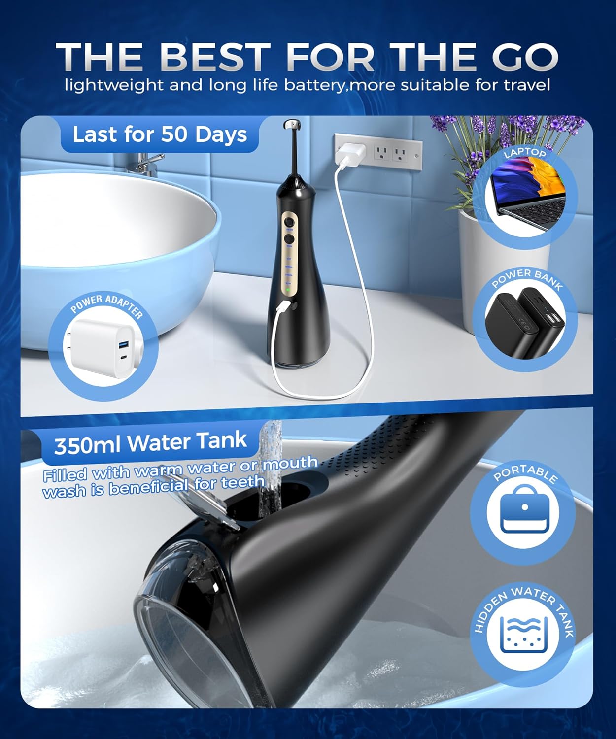 Rechargeable Water Flosser with U-Shaped Tip for Home & Travel