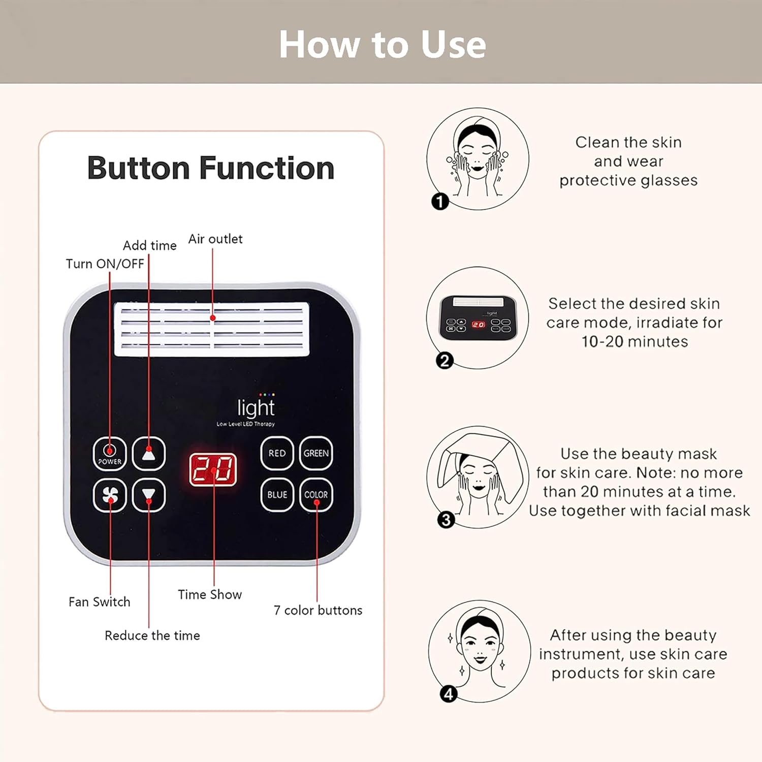 Led-Face-Tool，LED Light Therapy Facial Mask，7 in 1 Beauty Equipment for Skin Care at Home
