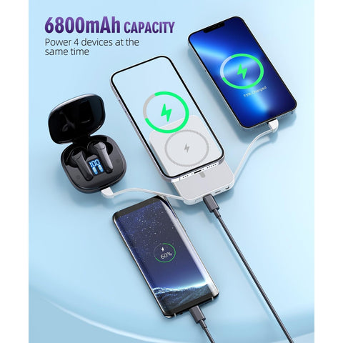 for Magnetic Power Bank, 6800mAh Wireless Portable Charger with PD30W Fast Charging, Battery Pack Built-in 2 Output Cables for iPhone 15/14/13/12 Series(Black)