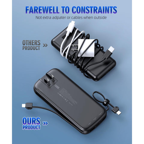 Portable Charger, 15000mAh Battery Pack Fast Charging Lightweight, Built-in AC Wall Plug and 2 Output Cables with LED Display for iPhone15 14 13 12 11 Samsung iPad etc