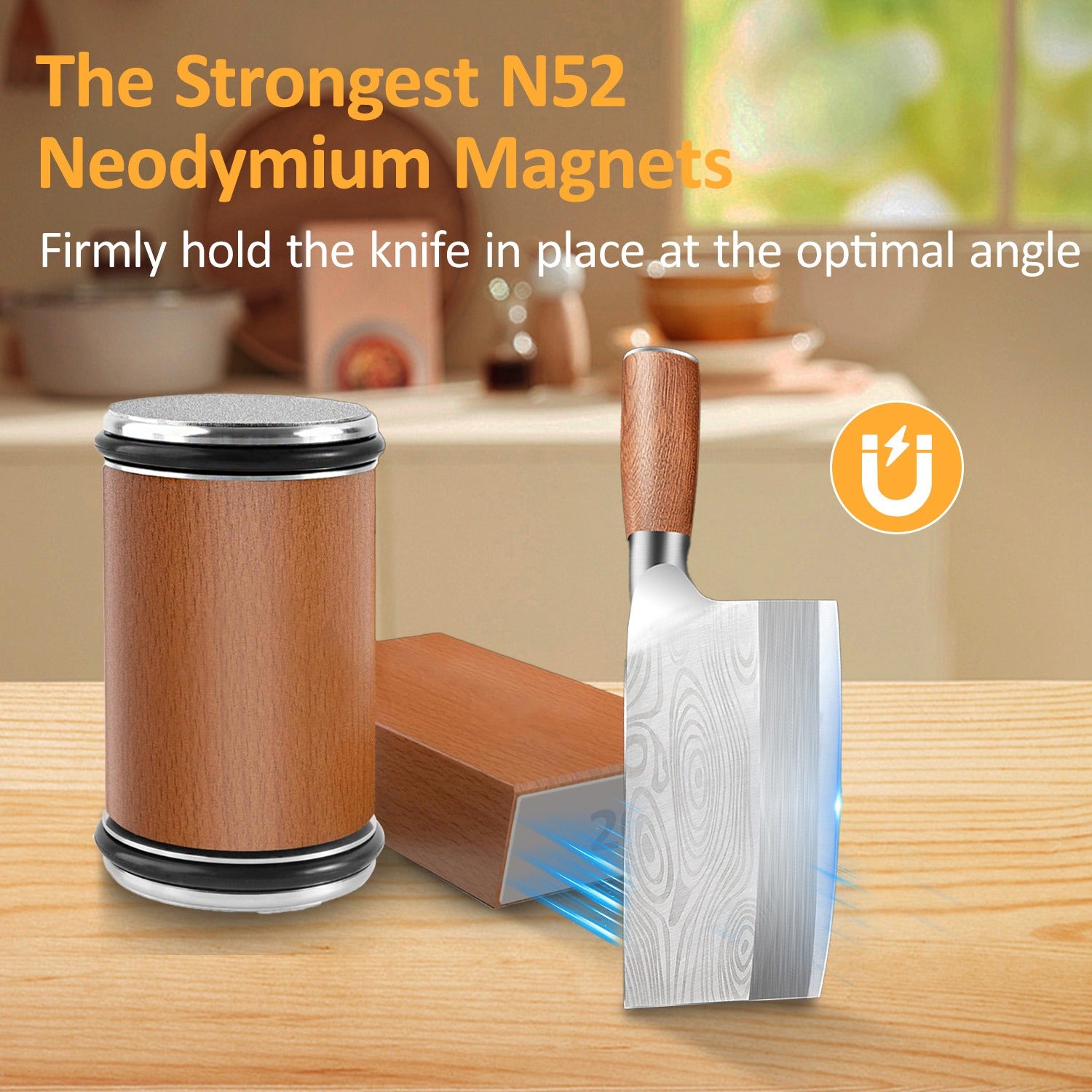 Rolling kitchen knife sharpener tool for sharpening knives with diamonds, available in 15° and 20° magnetic angles