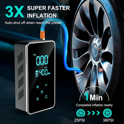 Tire Inflator Portable Air Compressor for Car Tires-Super Battery Air Pump 150 PSI- Tire Pump Electric with Touch Screen-Portable Tire inflator with Gauge for Bike, Motocycle, Ball-Black Green