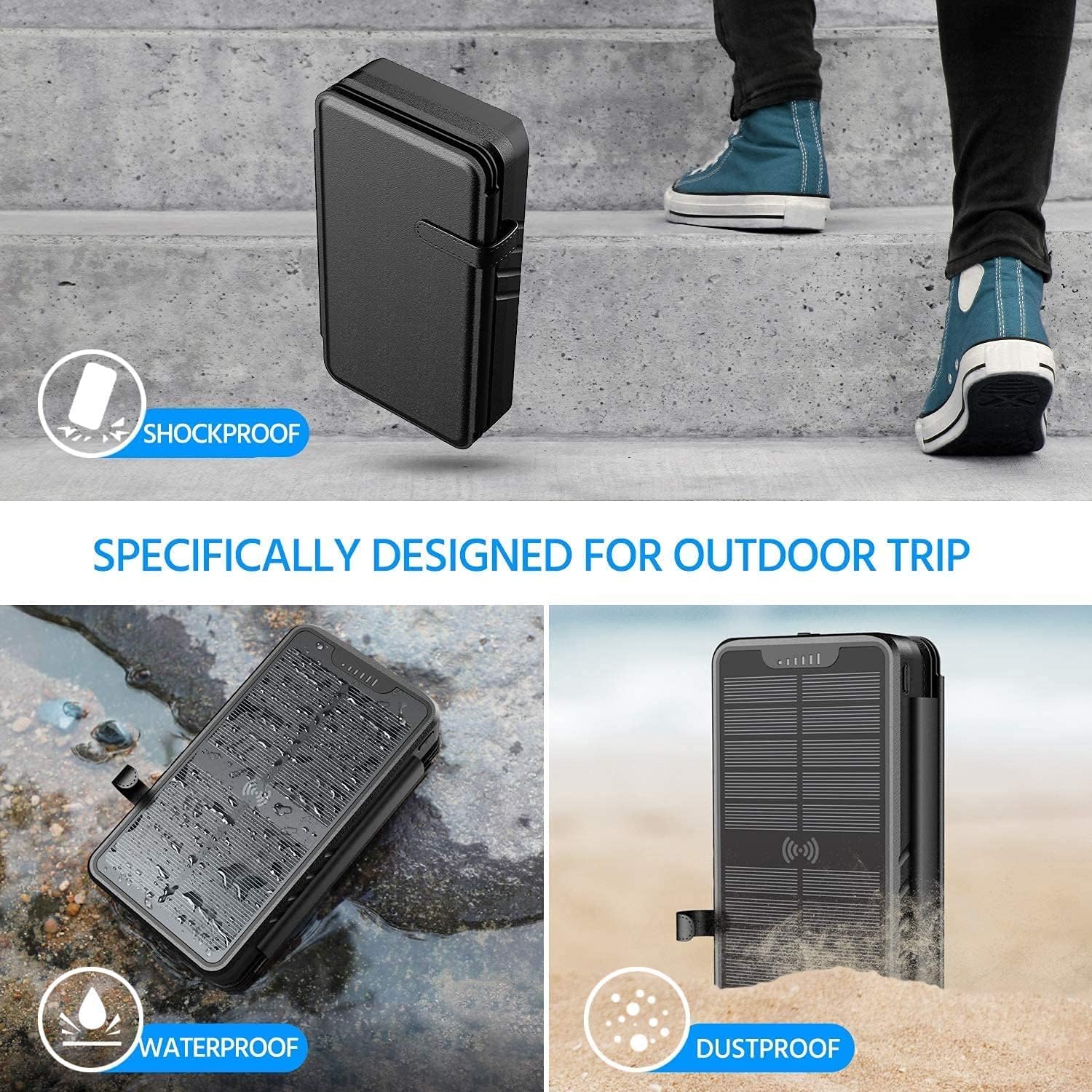 QiSa Solar Charger 38800mAh Solar Power Bank with Dual 5V3.1A Outputs 10W Qi Wireless Charger Waterproof Built-in Solar Panel and Bright Flashlights(Black)