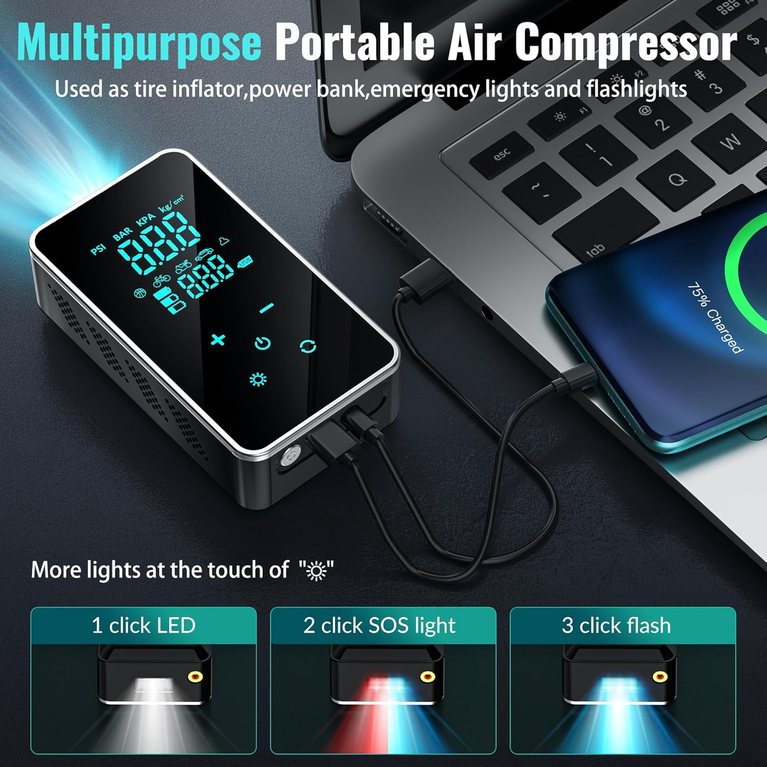 Tire Inflator Portable Air Compressor for Car Tires-Super Battery Air Pump 150 PSI- Tire Pump Electric with Touch Screen-Portable Tire inflator with Gauge for Bike, Motocycle, Ball-Black Green