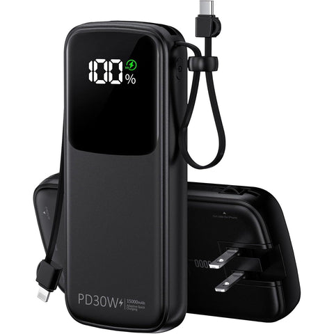 Portable Charger, 15000mAh Battery Pack Fast Charging Lightweight, Built-in AC Wall Plug and 2 Output Cables with LED Display for iPhone15 14 13 12 11 Samsung iPad etc(White)