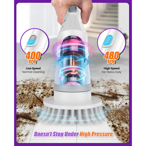 Electric Rotary, Cordless Shower Scrubber with 6 Brush Heads - 2H 2-Speed, Long Handle for Bathroom Tile and Car Cleaning