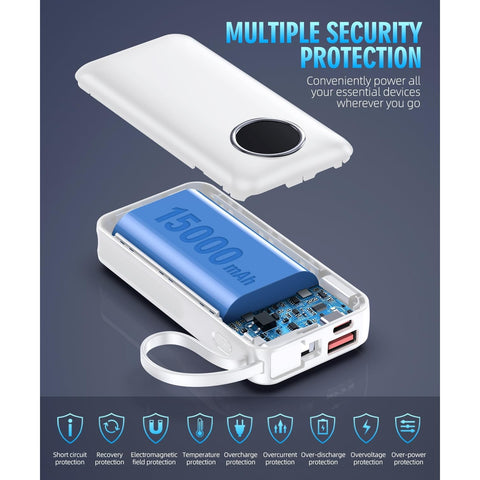 Portable Charger 15000mAh Battery Pack Built in Output Cables Fast Charging Equipped with LED Display for Most Electronic Devices