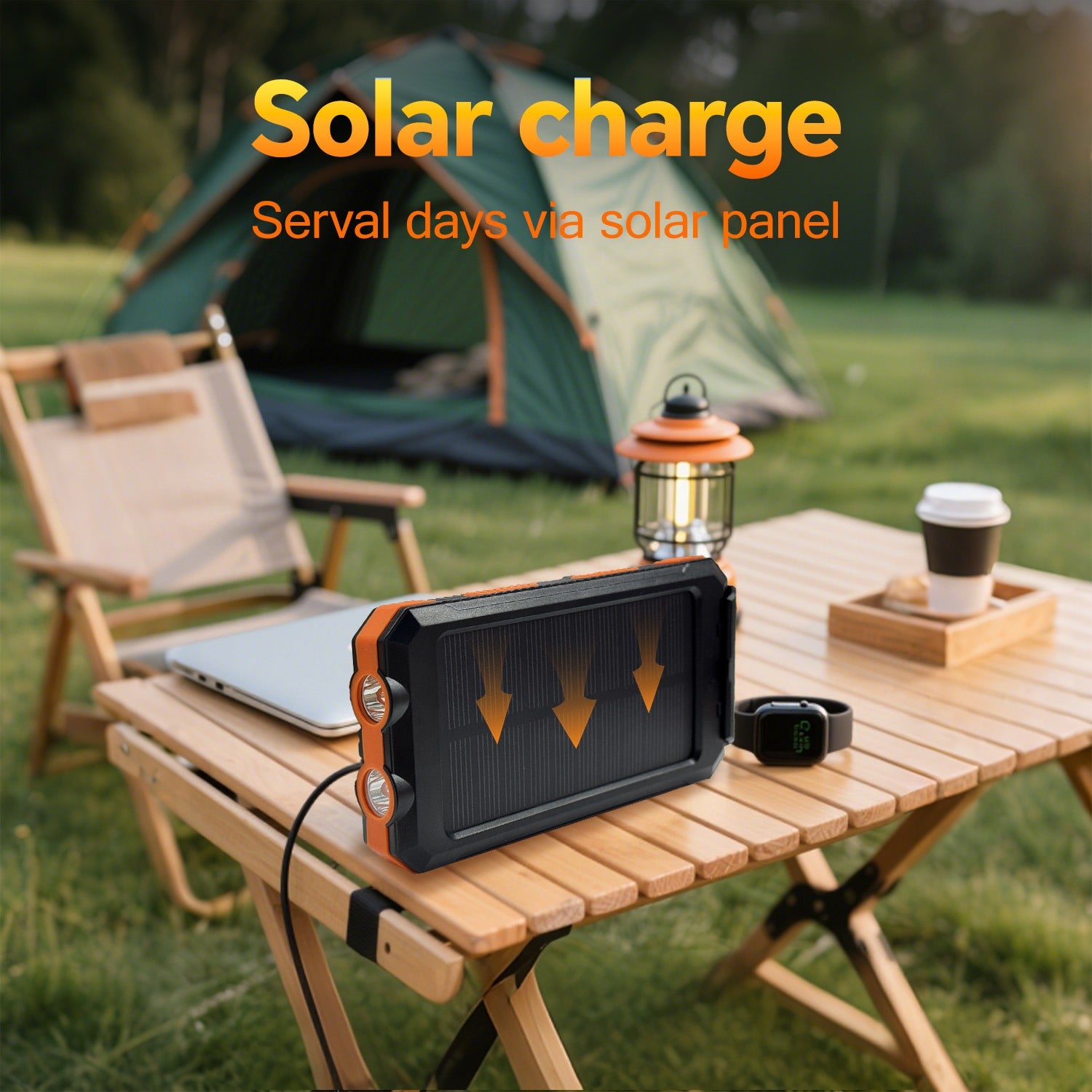 36800mAh Solar Battery Pack - Dual 5V USB Outputs, LED Flashlights & Compass, Portable Charger for Phones Camping (Orange)