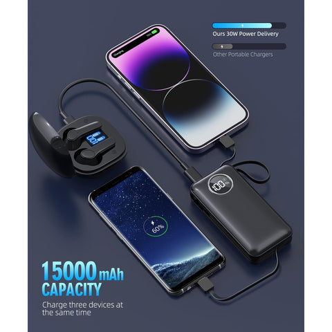 Portable Charger 15000mAh Battery Pack Built in Output Cables Fast Charging Equipped with LED Display for Most Electronic Devices