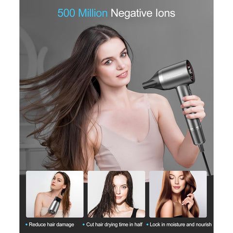 Negative Ionic Blow Dryer -170000 RPM High Speed Brushless Motor for Fast Drying, Low Noise, HD Display Hair Dryer with Diffuser and Nozzle, 5 Temps & 2 Speeds
