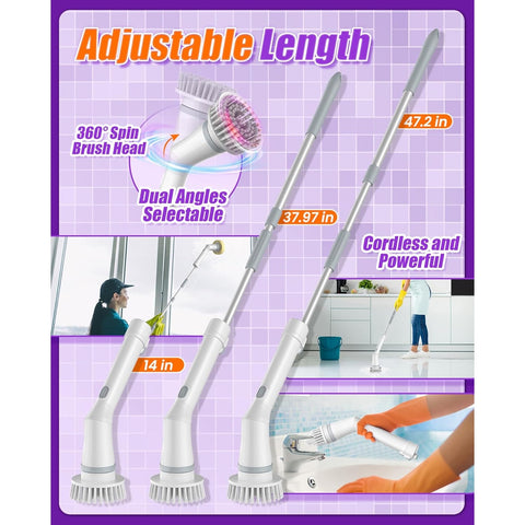 Electric Rotary, Cordless Shower Scrubber with 6 Brush Heads - 2H 2-Speed, Long Handle for Bathroom Tile and Car Cleaning