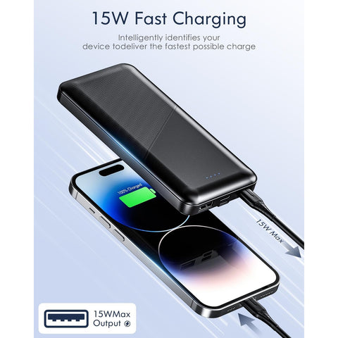 Portable-Charger - 15000mAh Dual USB Power Bank Output 5V3.1A Fast Charging Portable Charger Compatible with Smartphones and All USB Devices (Black)